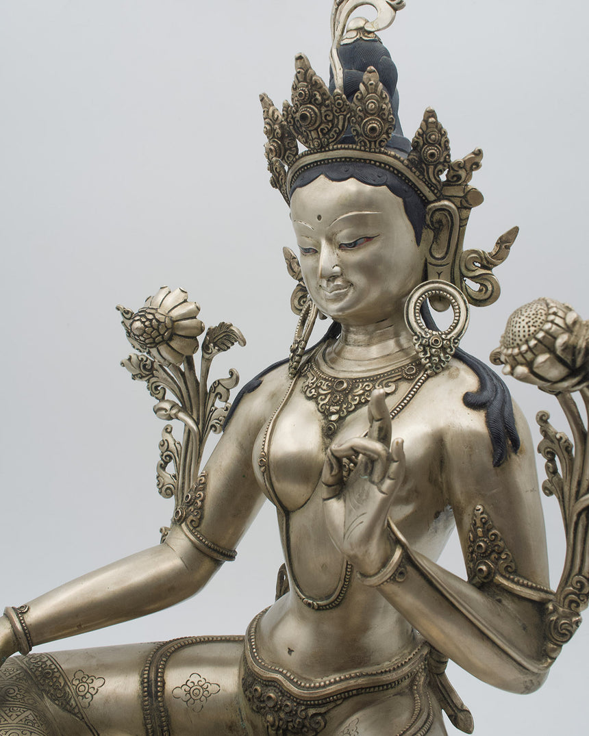 Green Tara Statue with Silver Finishing | Rare Finds