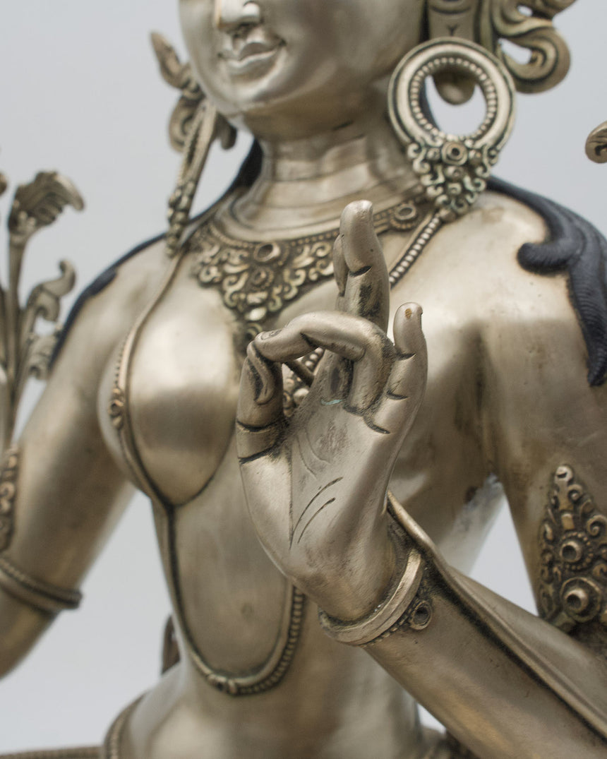 Green Tara Statue with Silver Finishing | Rare Finds