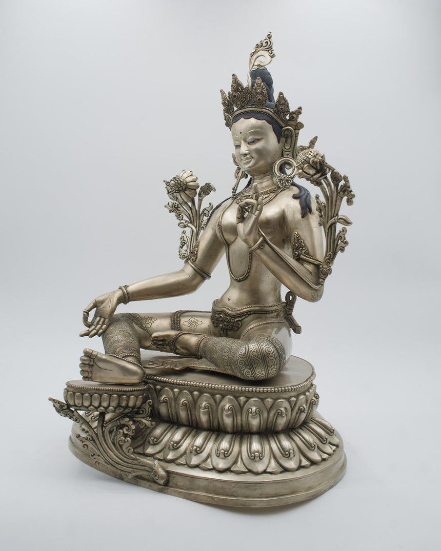 Green Tara Statue with Silver Finishing | Rare Finds