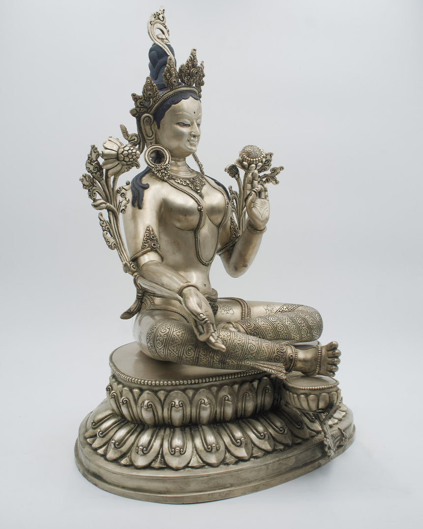 Green Tara Statue with Silver Finishing | Rare Finds