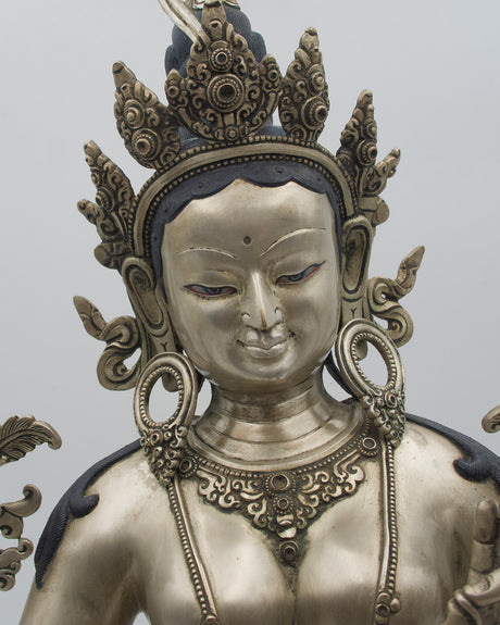 Green Tara Statue with Silver Finishing | Rare Finds