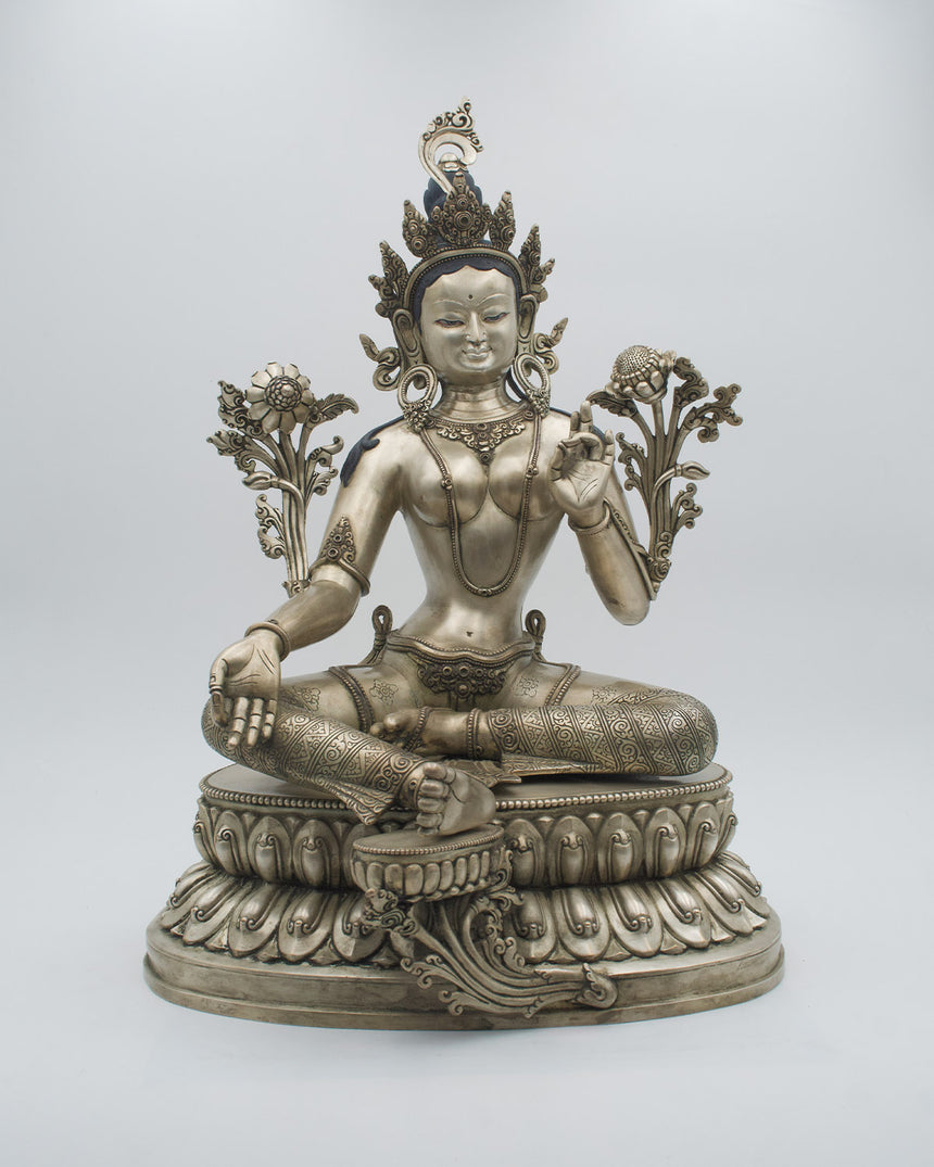 Green Tara Statue with Silver Finishing | Rare Finds